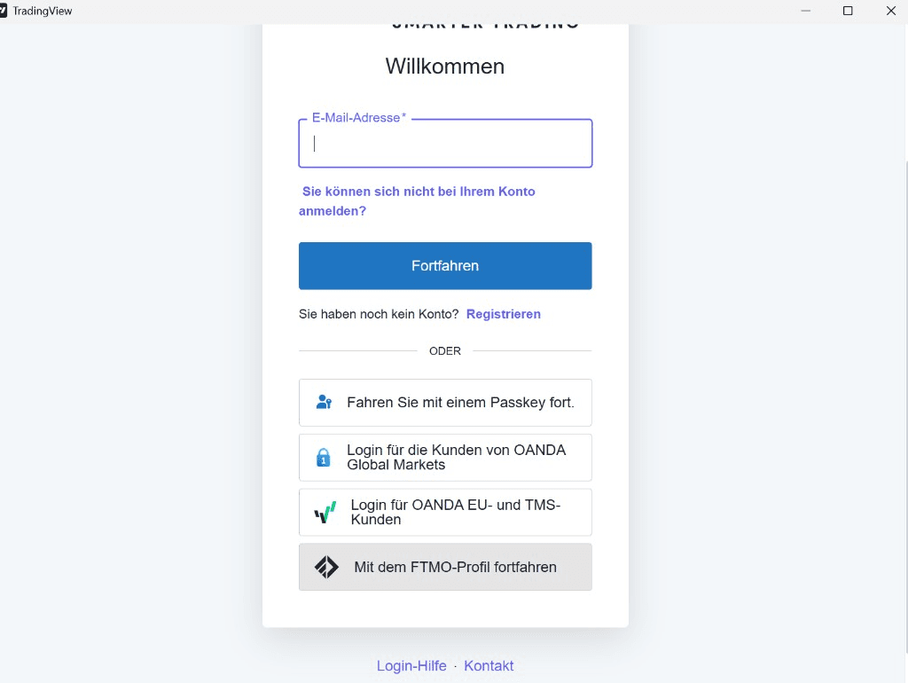 OANDA-Anmeldemaske ohne eingegebene Zugangsdaten / OANDA login screen with no credentials entered