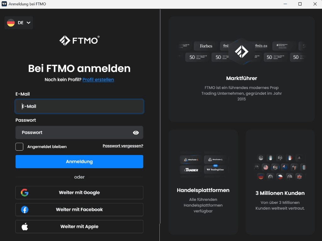 FTMO-Anmeldemaske ohne eingegebene Zugangsdaten / FTMO login screen with no credentials entered